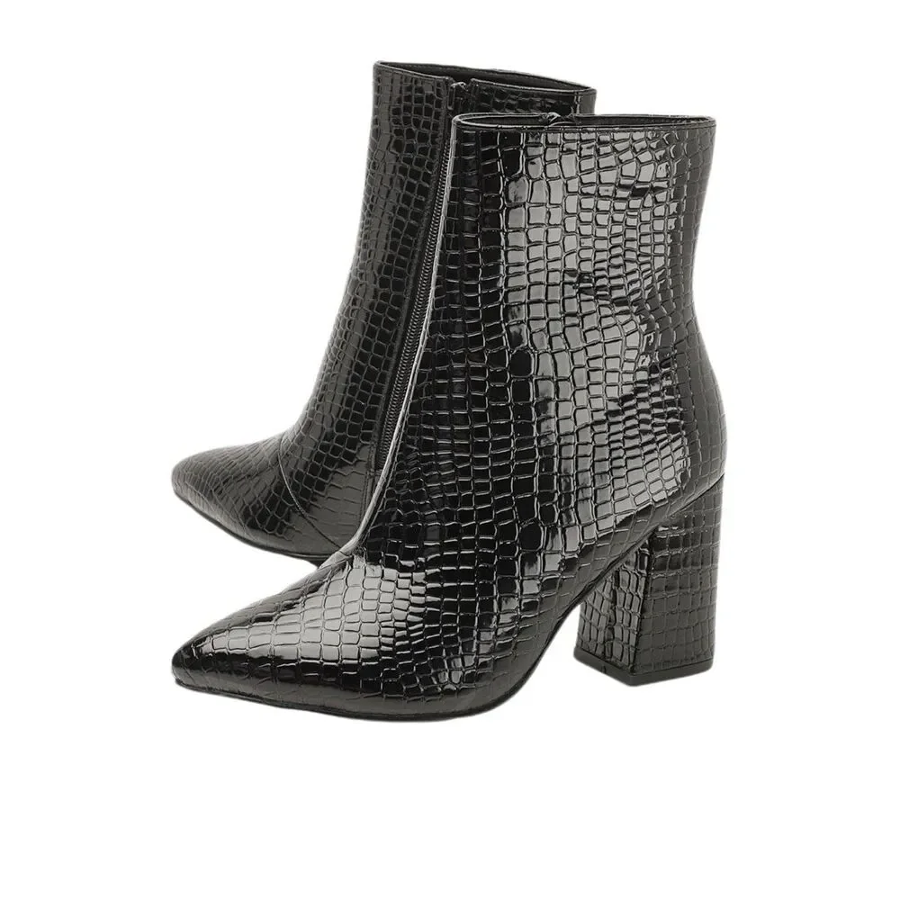 Boo Hoo Black Patent Leather Croc Block Heel Sock Boots Sz 6